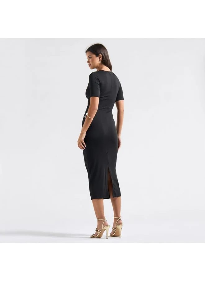 Splash FAV Textured High Neck Bodycon Dress with Short Sleeves and Slit Detail