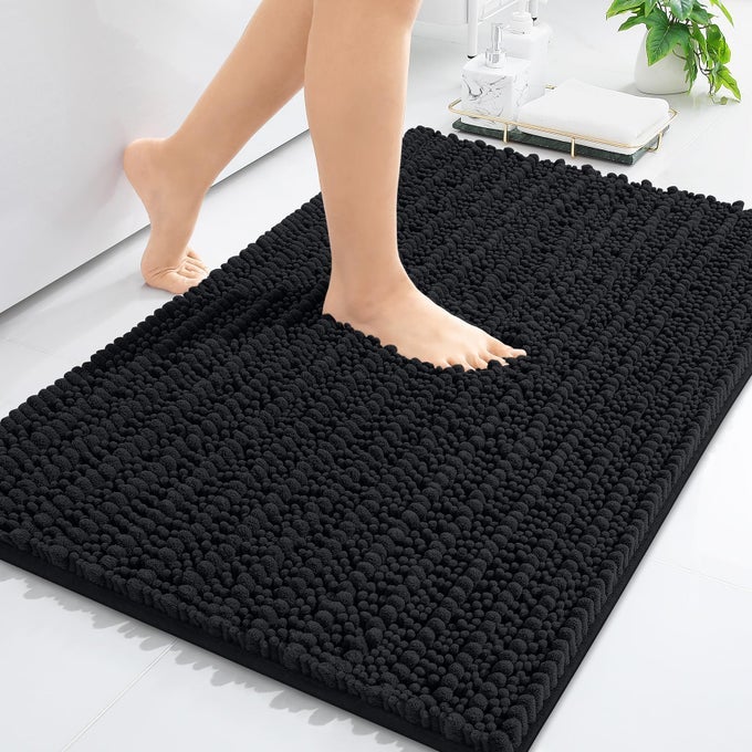 LUXURY CHENILLE BATHROOM RUG MAT EXTRA SOFT THICK ABSORBENT SHAGGY BATH RUGS NONSLIP MACHINE WASH DRY PLUSH BATH MATS FOR BATHROOM SHOWER AND TUB 30X20 BLACK