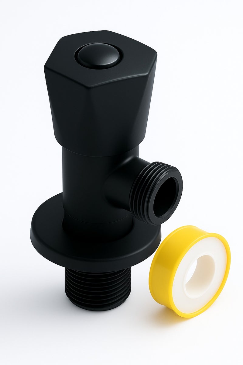 إيتافا صمام زاوية 1/2 × 1/2 بوصة (أسود مطفي) مع شريط تفلون | محبس ماء للتحكم في تدفق المياه للحمام والمطبخ ودورة المياه | مقاوم للصدأ - Image 1
