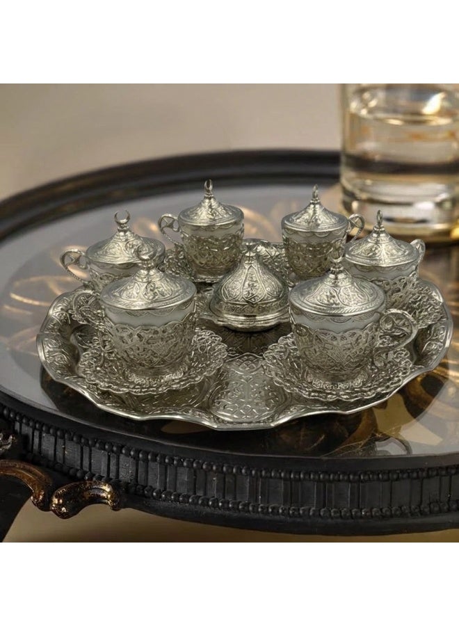 Dodoliza Luxury 6-Person Turkish Coffee Set in Elegant Ottoman Style with Saucers, Holders, Cup Covers, Tray & Covered Sweet Dish – Magical Silver Finish – Made in Turkey - Image 1