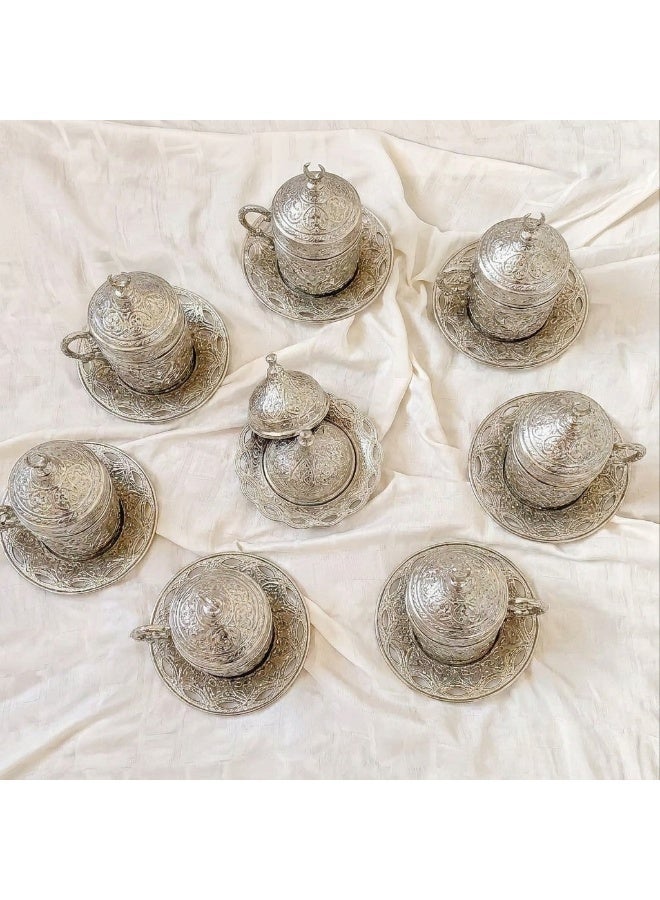 Dodoliza Luxury 6-Person Turkish Coffee Set in Elegant Ottoman Style with Saucers, Holders, Cup Covers, Tray & Covered Sweet Dish – Magical Silver Finish – Made in Turkey - Image 2