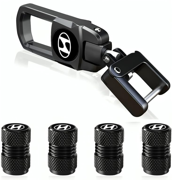 GREENWORLD Metal Black Heavy Duty Keychain With 4 Piece Black Tyre Valve Cap With O-Ring Compatible With Creta 2024 Venue I20 Verna I10 Nios Aura (For New Yuan-Dai) - Image 1