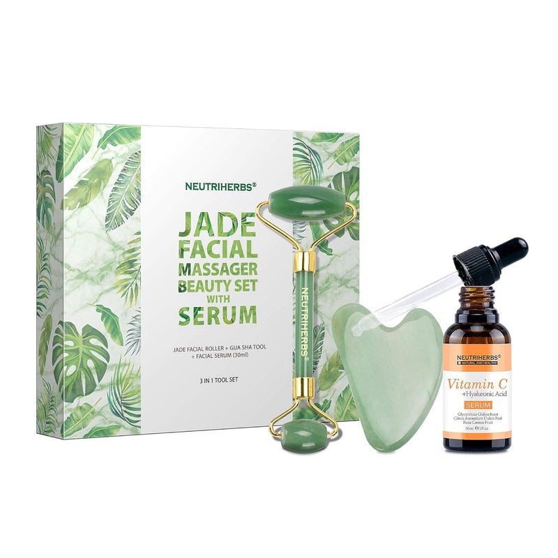NEUTRIHERBS Jade Gua Sha  Face Roller  Vitamin C Serum Facial Tool Set3 in 1 Kit Home Face Massager for WrinkleFine LinePuffinessFirm Smooth Relax Skin  Green