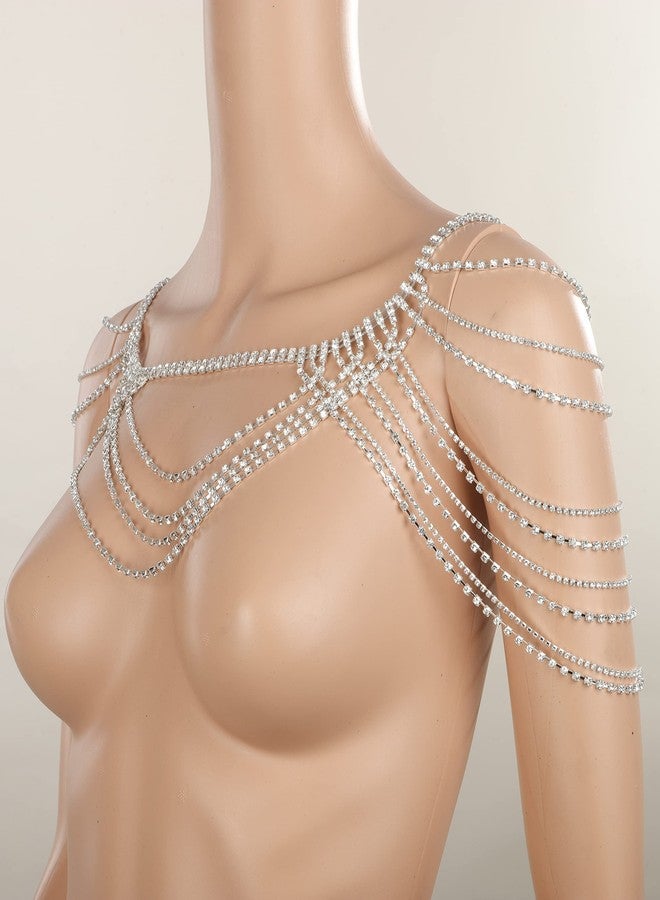 يرتير سلسلة كتف مرصعة بأحجار الراين الفضية اللامعة من YERTTER، سلسلة تنس متعددة الطبقات، سلسلة للجسم، إكسسوارات مجوهرات، سلسلة بيكيني كريستالية للنساء، فساتين زفاف، أزياء حفلات التخرج (فضي 3) - Image 5