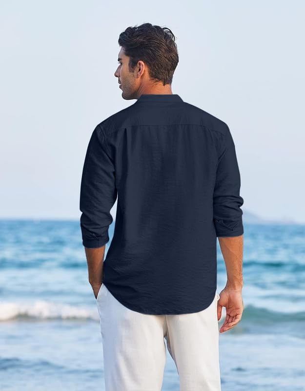 Macsivo Men's Cotton Blend Henley Short Kurta with Mandarin Collar Long Sleeeve Button Closure Curved Hem Regular Fit | Kurta for Men Stylish Navy - Image 2