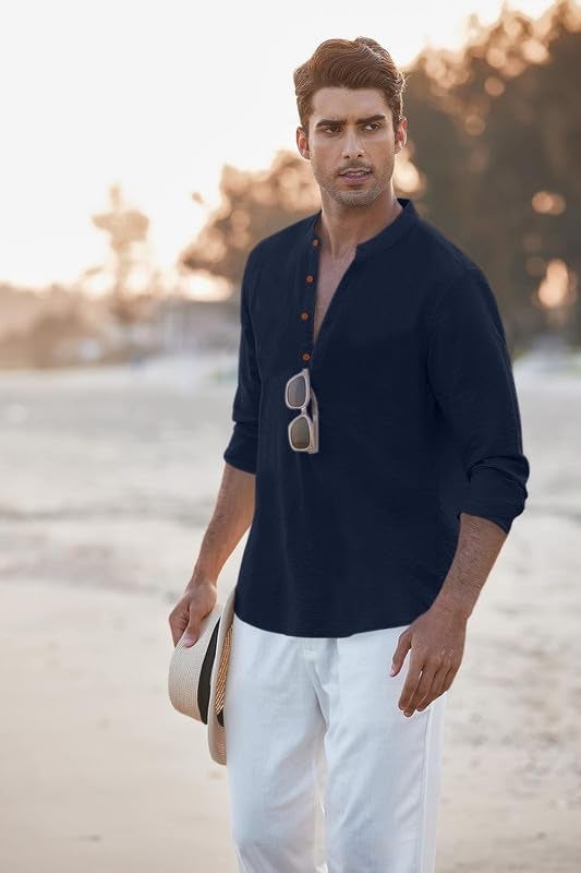 Macsivo Men's Cotton Blend Henley Short Kurta with Mandarin Collar Long Sleeeve Button Closure Curved Hem Regular Fit | Kurta for Men Stylish Navy - Image 4
