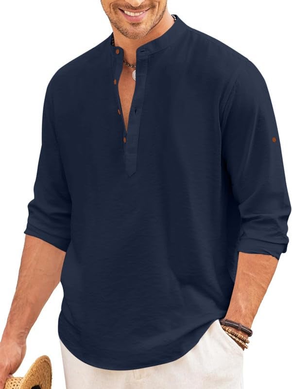 Macsivo Men's Cotton Blend Henley Short Kurta with Mandarin Collar Long Sleeeve Button Closure Curved Hem Regular Fit | Kurta for Men Stylish Navy - Image 1