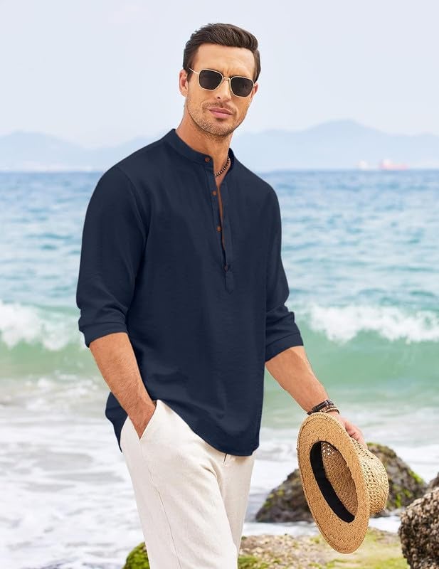 Macsivo Men's Cotton Blend Henley Short Kurta with Mandarin Collar Long Sleeeve Button Closure Curved Hem Regular Fit | Kurta for Men Stylish Navy - Image 5