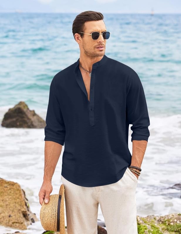 Macsivo Men's Cotton Blend Henley Short Kurta with Mandarin Collar Long Sleeeve Button Closure Curved Hem Regular Fit | Kurta for Men Stylish Navy - Image 3