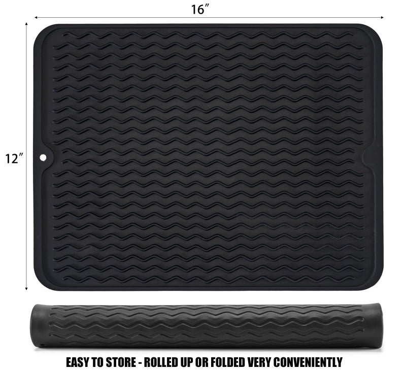 MODENGKONGJIAN Silicone Dish Drying Mat, Non-Slip Easy Clean Sink Mat Large Heat-resistant Dish Drainer Mat for Kitchen Counter, Sink, Refrigerator or Drawer liner (16" x 12", BLACK) - Image 2