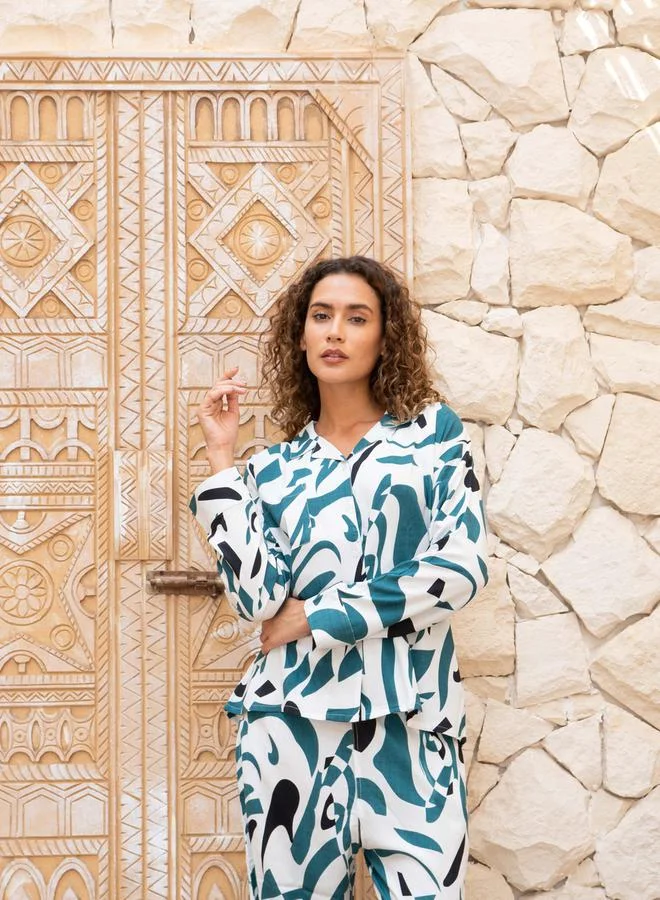 sanskrutihomes sanskrutihomes Abstract Printed Spread Collar Shirt and Pyjama Set