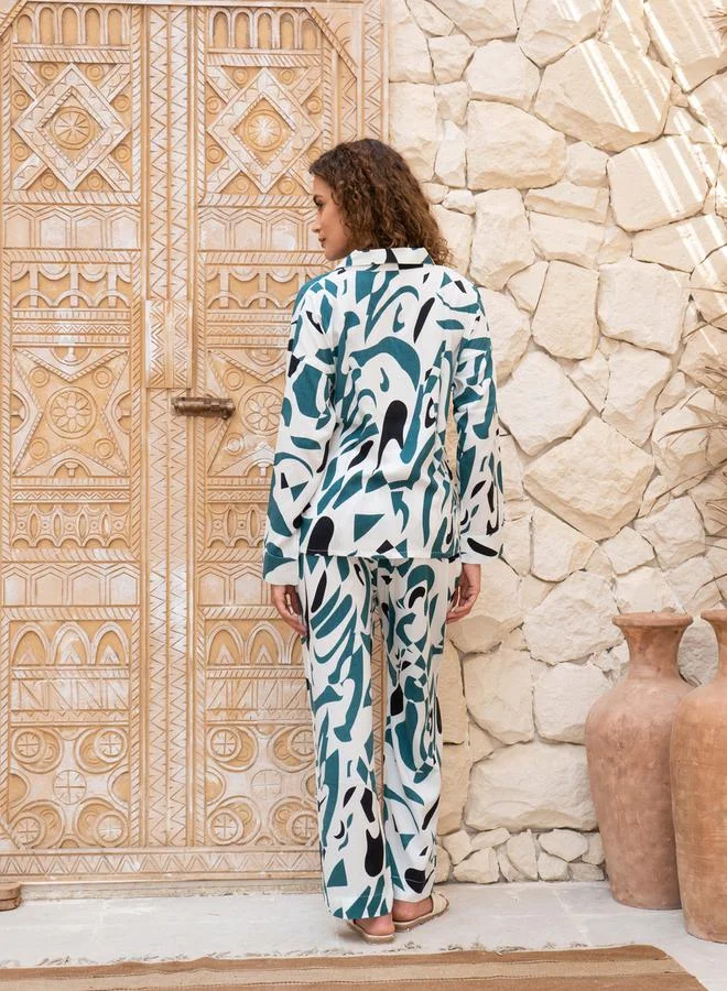 sanskrutihomes sanskrutihomes Abstract Printed Spread Collar Shirt and Pyjama Set
