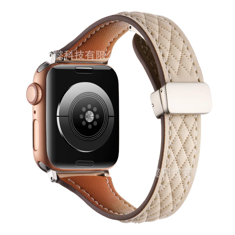 سوار ساعة ذكية باللون بيج قابل للتعديل سوار جلدي كلاسيكي متوافق مع Apple Watch 38/40/41/42/44/45/49mm بملاءمة قابلة للتعديل وحزام بديل - Image 1