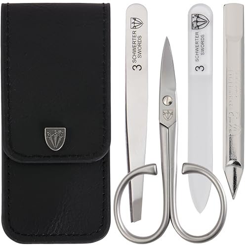 3 Swords Germany - brand quality 3 piece stainless steel INOX manicure pedicure grooming kit set for professional finger & toe nail care scissors file tweezers genuine leather case in gift box (03881) - Image 1