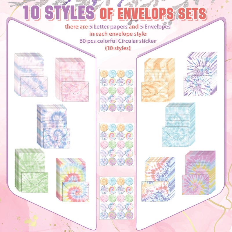 TaoBary 160 Pcs Stationery Paper Set 50 Double Sided Stationery Papers with 50 Matching Envelopes and 60 Round Dot Sticker, 10 Design(Tie Dye,5.5 x 8.25 Inch) - Image 4