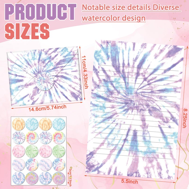 TaoBary 160 Pcs Stationery Paper Set 50 Double Sided Stationery Papers with 50 Matching Envelopes and 60 Round Dot Sticker, 10 Design(Tie Dye,5.5 x 8.25 Inch) - Image 5