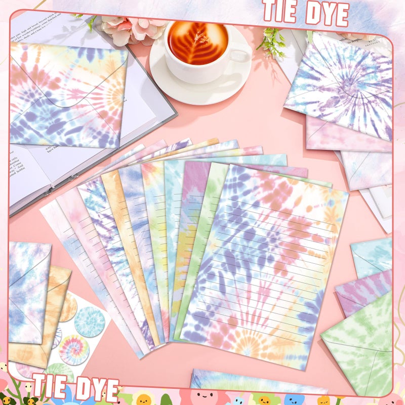 TaoBary 160 Pcs Stationery Paper Set 50 Double Sided Stationery Papers with 50 Matching Envelopes and 60 Round Dot Sticker, 10 Design(Tie Dye,5.5 x 8.25 Inch) - Image 2