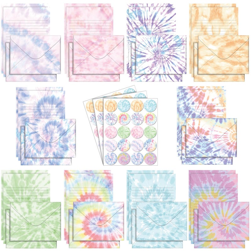 TaoBary 160 Pcs Stationery Paper Set 50 Double Sided Stationery Papers with 50 Matching Envelopes and 60 Round Dot Sticker, 10 Design(Tie Dye,5.5 x 8.25 Inch) - Image 1