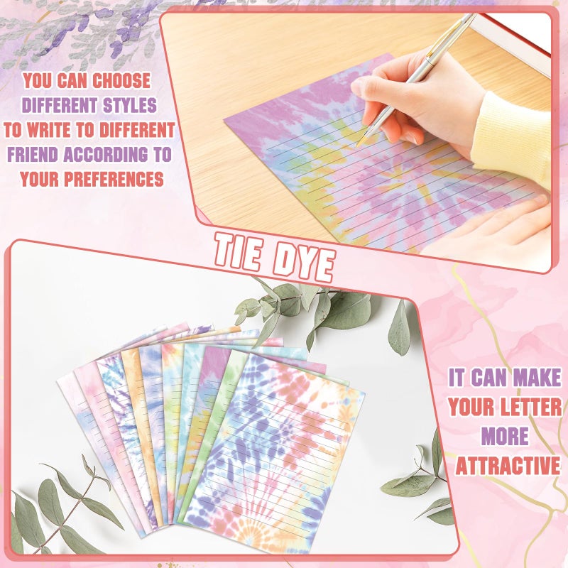 TaoBary 160 Pcs Stationery Paper Set 50 Double Sided Stationery Papers with 50 Matching Envelopes and 60 Round Dot Sticker, 10 Design(Tie Dye,5.5 x 8.25 Inch) - Image 3