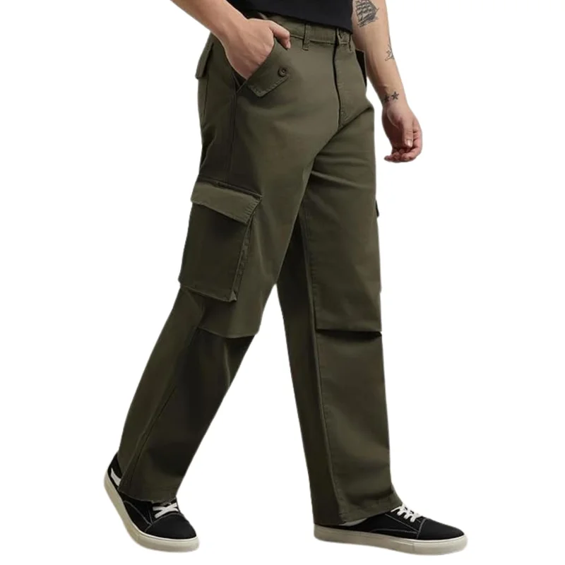 نوبيرو Men's Loose Mid Rise Cargo Pants - Olive Green
