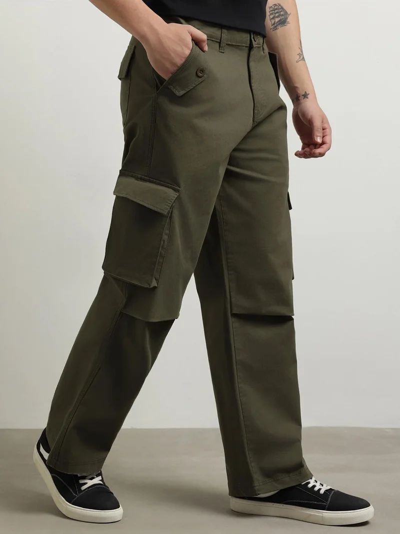 نوبيرو Men's Loose Mid Rise Cargo Pants - Olive Green
