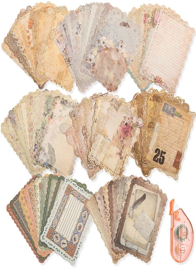 Flasoo Vintage Scrapbook Supplies, 80 Sheets Lace Edged Scrapbook Stationery Paper with Double Sided Tape Roller for Junk Journal Making, Decoupage and Card Crafts, 4.9x6.9 Inches - Image 1