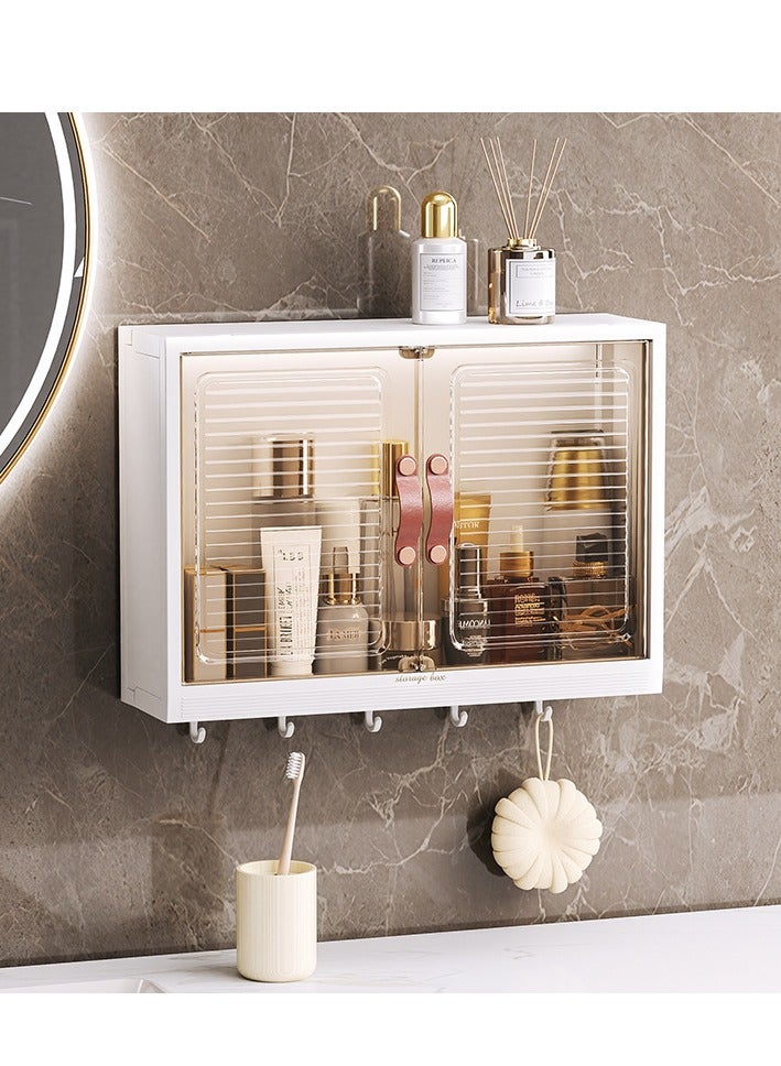 Bathroom Storage Cabinet Wall Mounted Bathroom Cabinet Storage Shelf with 5 Hooks Double Door Medicine Cabinet Space Saving Bathroom Wall Cabinet for Bathroom Kitchen - Image 2