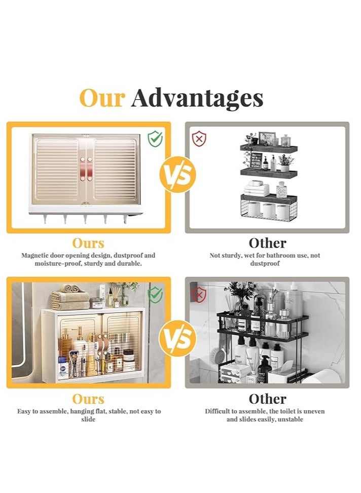 Bathroom Storage Cabinet Wall Mounted Bathroom Cabinet Storage Shelf with 5 Hooks Double Door Medicine Cabinet Space Saving Bathroom Wall Cabinet for Bathroom Kitchen - Image 3