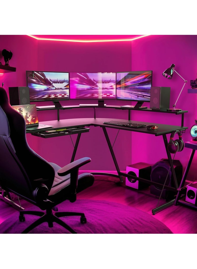 زوم بلس مكتب ألعاب على شكل حرف L مع حامل شاشة كامل ودرج، أسود - Image 4