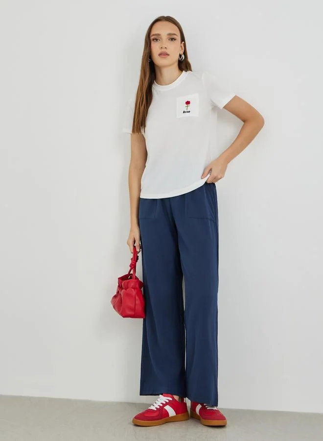 تايك تو Take Two Embroidered Round Neck T-Shirt with Pockets