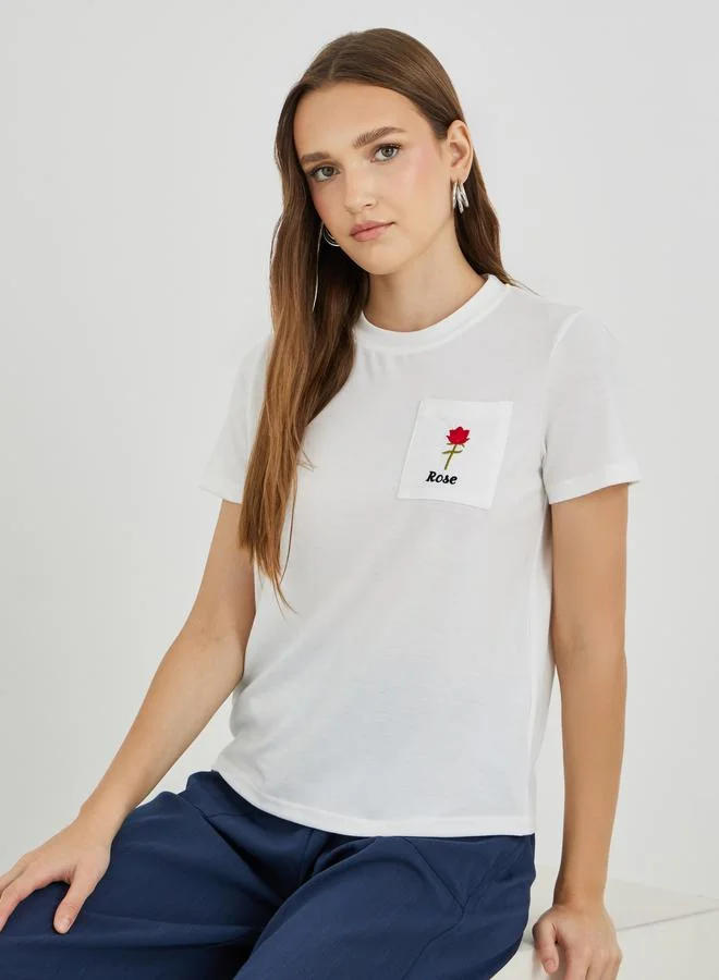 تايك تو Take Two Embroidered Round Neck T-Shirt with Pockets