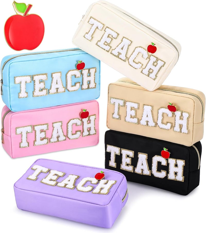 Kacctyen 6 Pcs Teacher Appreciation Gifts Teacher Bag Bulk Chenille Letter Bag Letter Patch with 6 Pcs Preppy Teacher Apple Pins for Women School Retirement Birthday