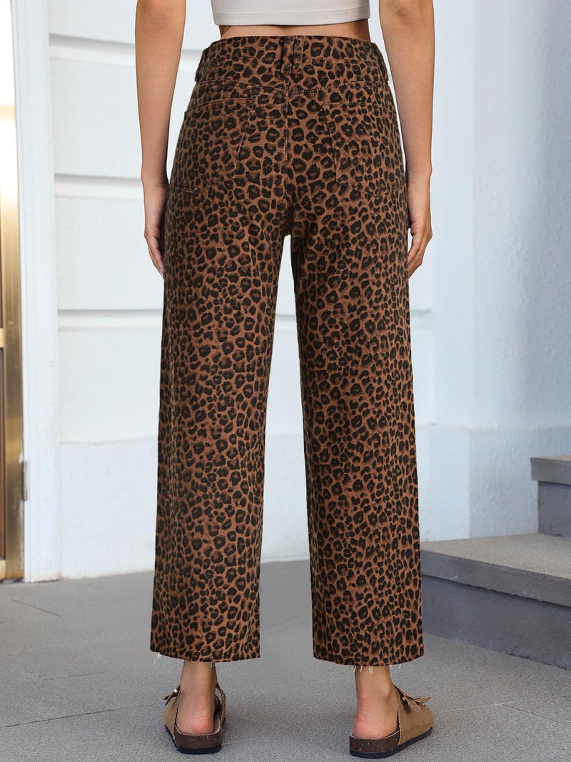 Cicy Bell Womens High Waisted Cropped Jeans Trendy Stretchy Baggy Straight Leg Raw Hem Capri Denim Pants Leopard Brown - Image 3
