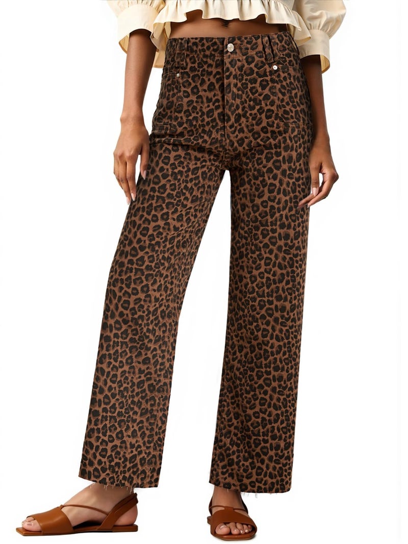 Cicy Bell Womens High Waisted Cropped Jeans Trendy Stretchy Baggy Straight Leg Raw Hem Capri Denim Pants Leopard Brown - Image 1