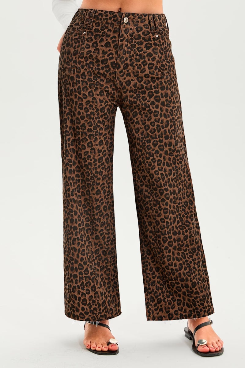 Cicy Bell Womens High Waisted Cropped Jeans Trendy Stretchy Baggy Straight Leg Raw Hem Capri Denim Pants Leopard Brown - Image 5
