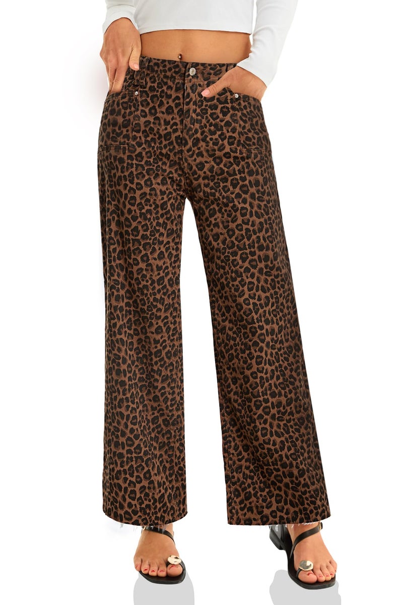 Cicy Bell Womens High Waisted Cropped Jeans Trendy Stretchy Baggy Straight Leg Raw Hem Capri Denim Pants Leopard Brown - Image 4