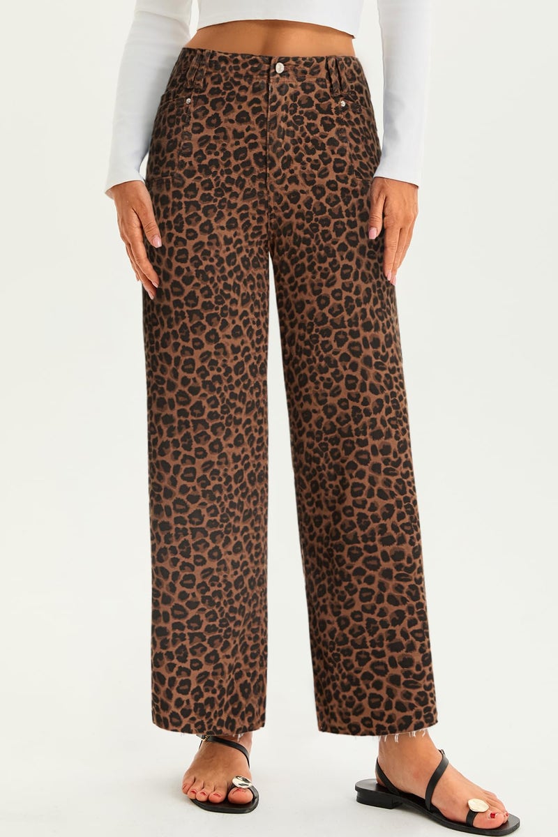Cicy Bell Womens High Waisted Cropped Jeans Trendy Stretchy Baggy Straight Leg Raw Hem Capri Denim Pants Leopard Brown - Image 2
