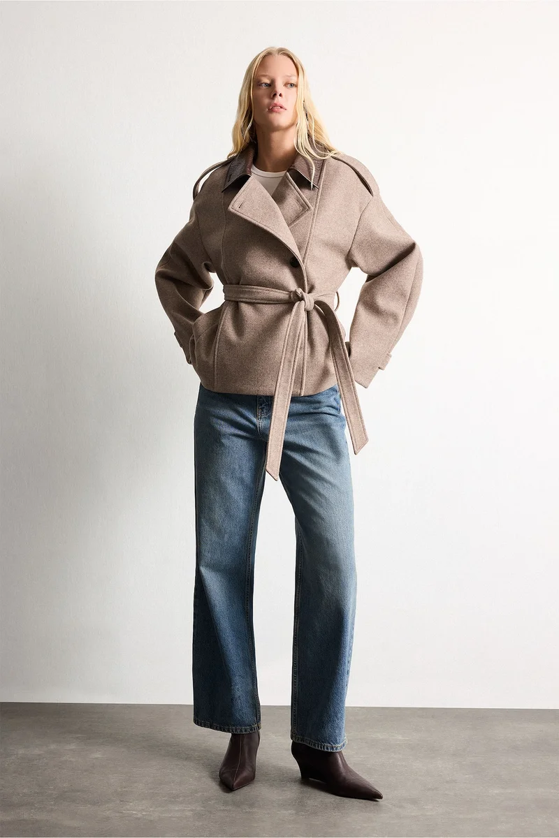 Defacto  Regular Fit Cashmere Polo Collar Belted Jacket for Women | Best Price UAE