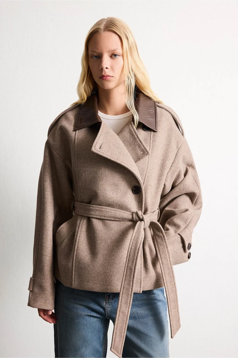 Regular Fit Cashmere Polo Collar Belted Jacket