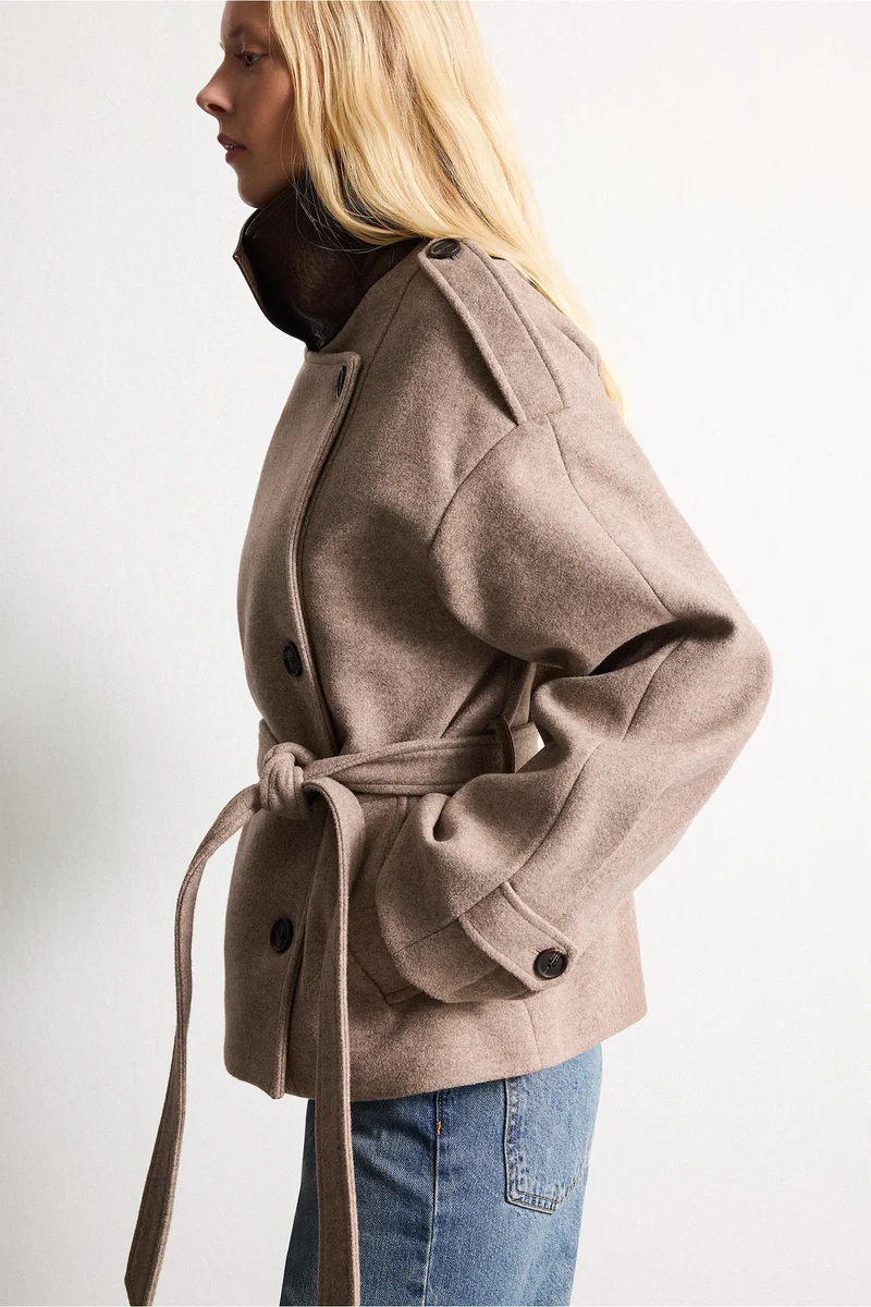 Defacto  Regular Fit Cashmere Polo Collar Belted Jacket for Women | Best Price UAE
