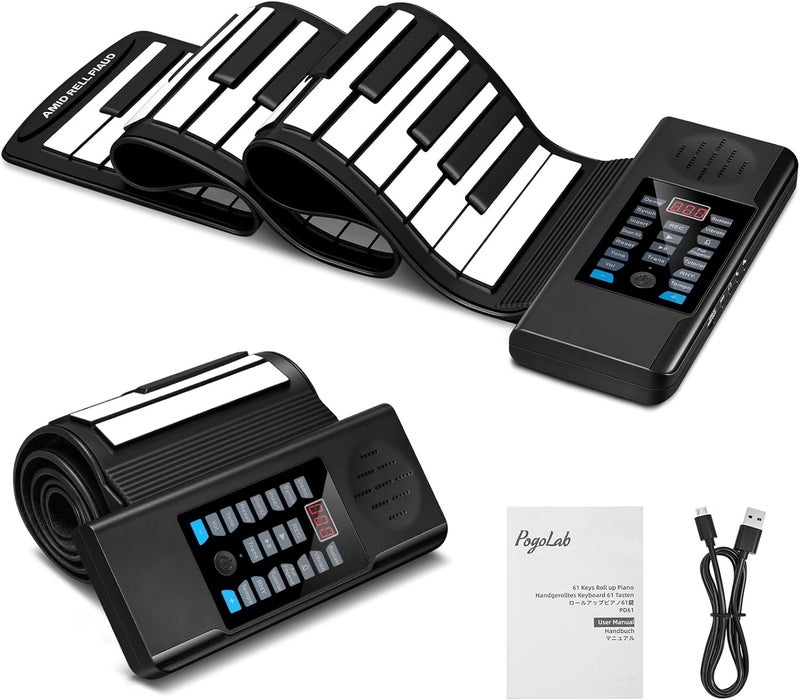 POGOLAB 61 Keys Roll Up Keyboard Piano, Portable Electric Foldable Piano with LED Display, Rechargeable & USB-MIDI Output, Built-in 15 Demos, 128 Tons, 128 Rhythms, Music Gift for Beginners - Image 1