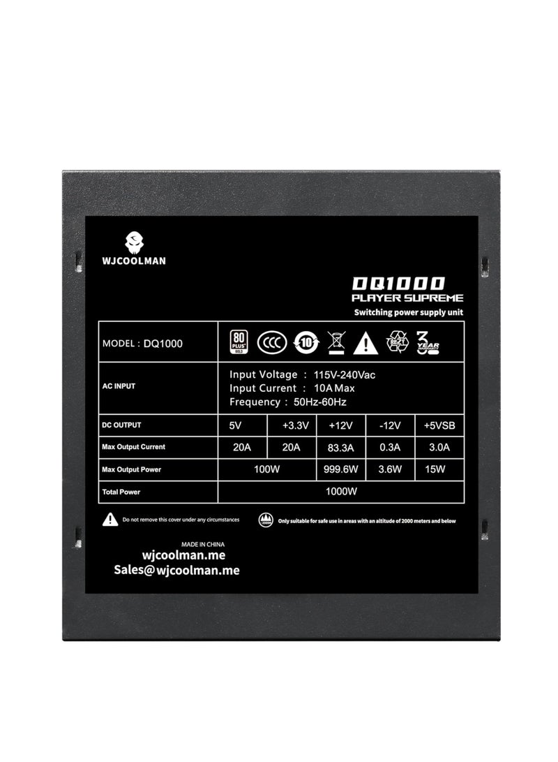 WJCOOLMAN DQ1000 1000W 80+ Gold Power Supply – ATX 3.0 & PCIe Gen 5 black (BLACK) - Image 4