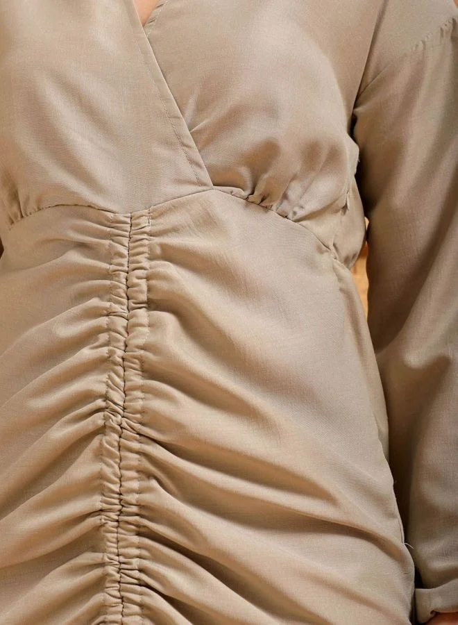 Freehand  Women Regular Fit Solid Shirt Collar Long Sleeve Ruched Dress for Women | Best Price UAE