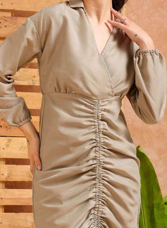 Freehand  Women Regular Fit Solid Shirt Collar Long Sleeve Ruched Dress for Women | Best Price UAE