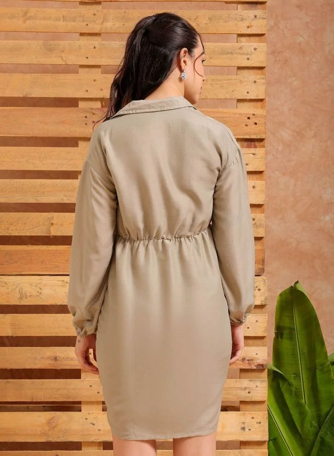 Freehand  Women Regular Fit Solid Shirt Collar Long Sleeve Ruched Dress for Women | Best Price UAE