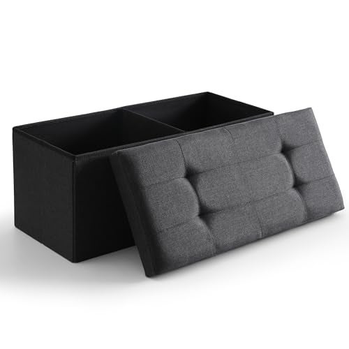 CUYOCA Storage Ottoman Bench Foldable Seat Footrest Shoe Bench End of Bed Storage with Flipping Lid 75L Storage Space 30 inches Linen Fabric Black