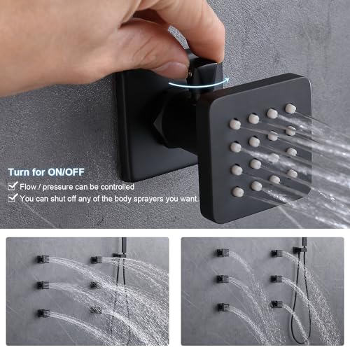 Enga Temperature-Display Shower System with Body Jets, 16 Inch Rainfall Shower with Push-button Thermostatic Valve and Independent Flow Control, Matte Black - Image 5