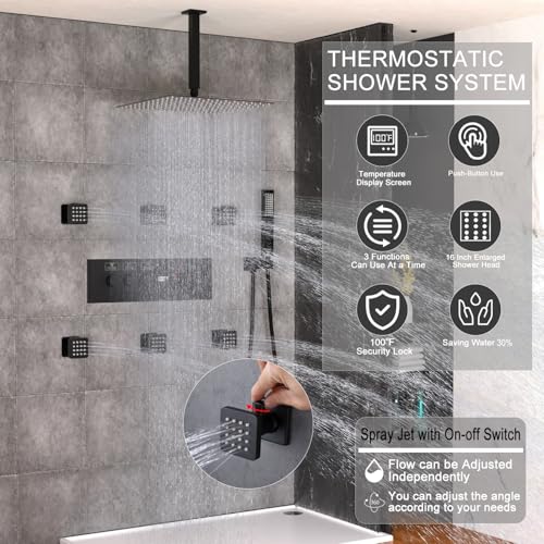 Enga Temperature-Display Shower System with Body Jets, 16 Inch Rainfall Shower with Push-button Thermostatic Valve and Independent Flow Control, Matte Black - Image 2