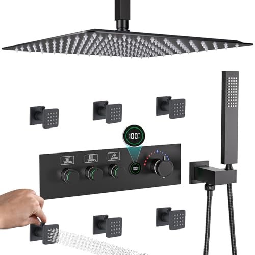Enga Temperature-Display Shower System with Body Jets, 16 Inch Rainfall Shower with Push-button Thermostatic Valve and Independent Flow Control, Matte Black - Image 1