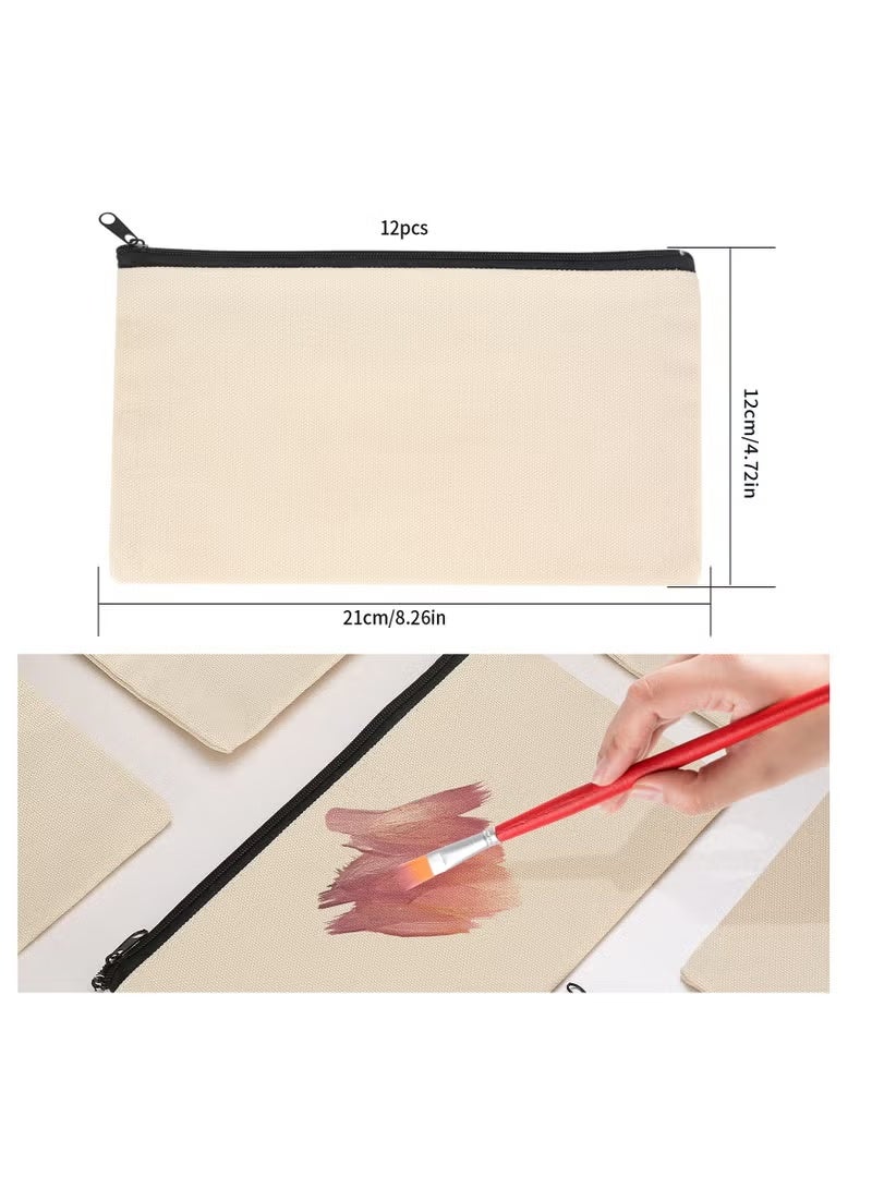 12 Pack Blank DIY Cosmetic Bag with Zipper - Multipurpose Travel Toiletry & Pencil Pouch (Beige) - Image 2